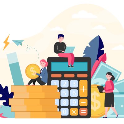 Money and income attraction. Business people working among calculator, cash and magnet. Flat vector illustration for finance, investment, loan, accounting, profit concepts